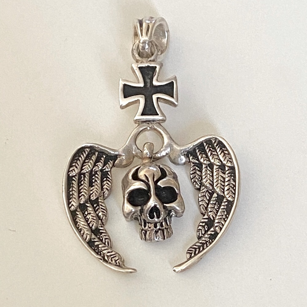 925 Silver skull angel wings pendant iron cross
